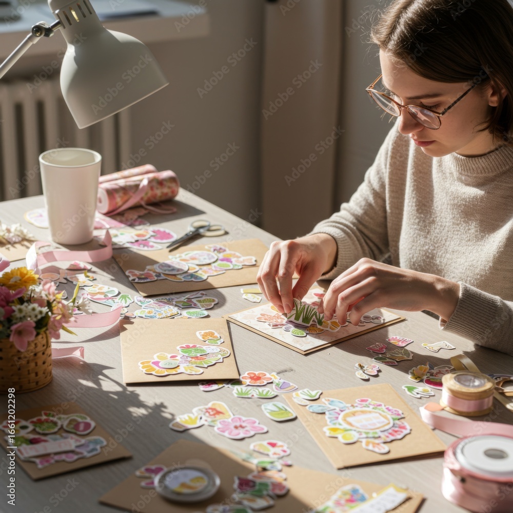 Fototapeta premium Woman Creating Colorful Paper Stickers at Home