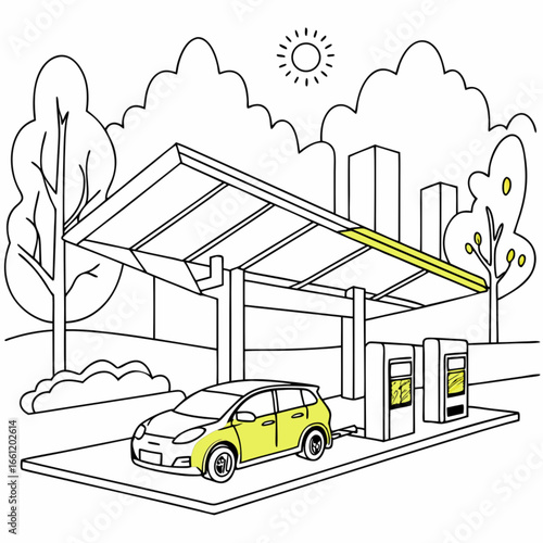 Electric Vehicle Charging Station with Solar Panel Canopy in a City