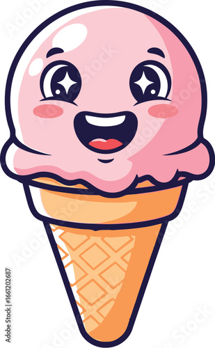 Delightful pink ice cream cone character with sparkling eyes ready for summer fun and sweet treat designs
