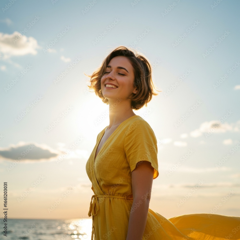 Obraz premium Happy Young Woman in Yellow Dress at Sunset Beach