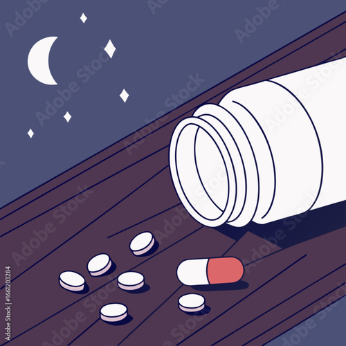 Pills scattered on wooden surface under starry night sky