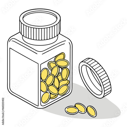 Bottle of yellow capsules spilling out onto a white surface, medical supplies