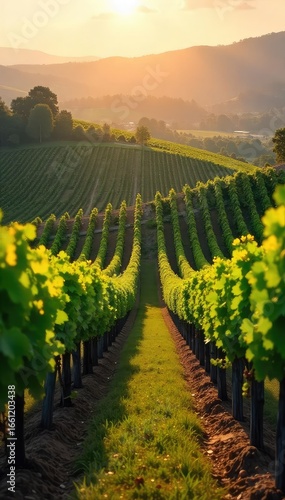 Rolling hills of vineyards bathed in golden sunlight, rows of grapevines stretching to the horizon, a picturesque winery scene at harvest time , leaves, wine, tranquil