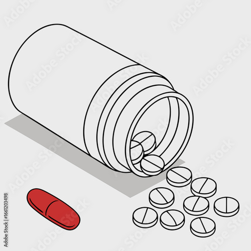 Medical supplies including pills and a capsule spilling from an overturned bottle