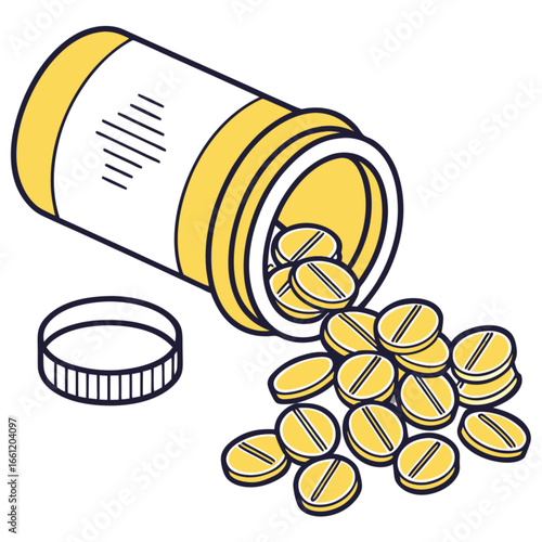 Yellow pills spilling out of an open pill bottle onto a white surface