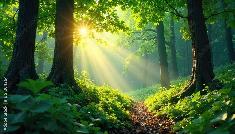 Obraz premium Sunlight dapples through leaves in a vibrant, lush forest teeming with life; a tranquil scene of nature's beauty and biodiversity, perfect for relaxation and escape , shadows, green
