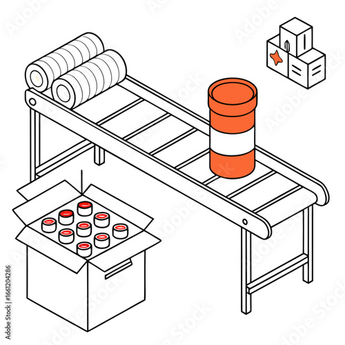 Manufacturing conveyor belt with products and packaging boxes