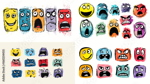 Set of expressive abstract faces in bright colors showing various emotions like anger, happiness, fear, and surprise. Modern artistic doodle character design for psychology and emotion concepts.