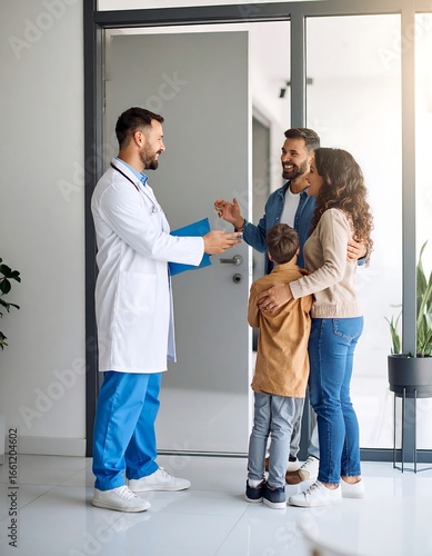 Doctor greets a family at the doorway