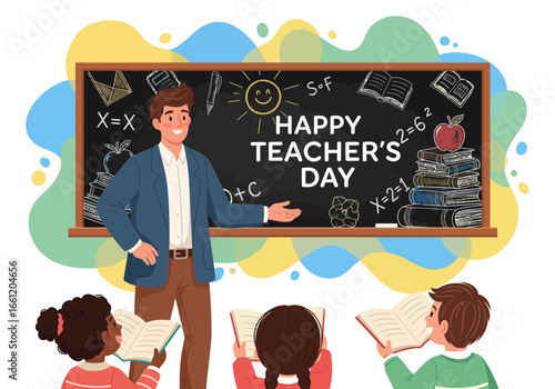 Male teacher and students smiling in classroom, Teacher’s Day cartoon illustration with blackboard and books