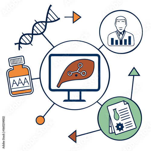 Biotechnology research and development illustration with DNA, pills, and computer screen