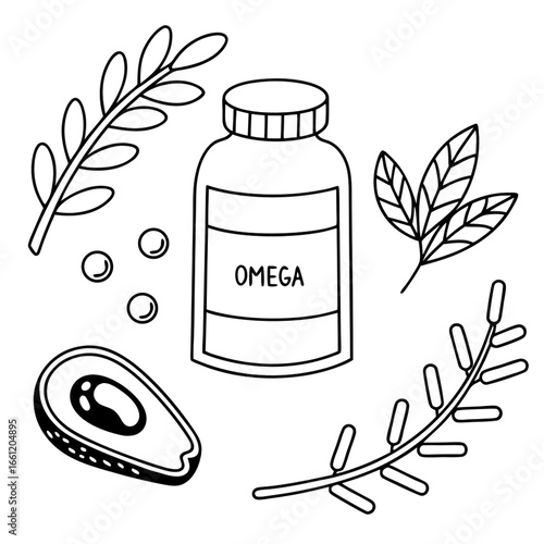 Omega supplement bottle with avocado, herbs, and berries illustration