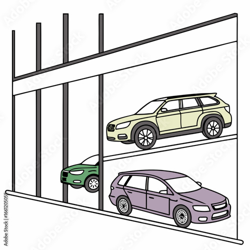 Automotive parking garage featuring stacked vehicles on multiple levels