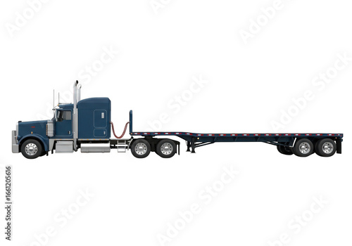 Blue semi truck with flatbed trailer isolated on transparent background