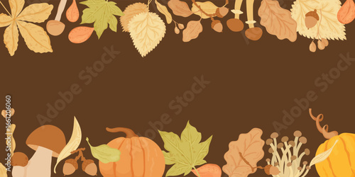 Autumn leaves, mushrooms, pumpkins and seeds horisontal banner. Fall season vector print with copy space. For falling festive thanksgiving designs.