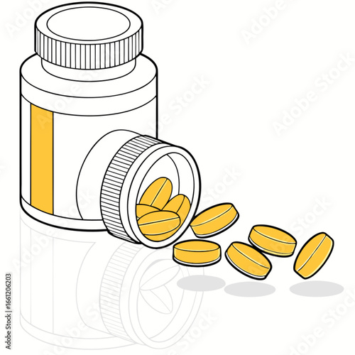 Illustration of yellow pills spilling from a white bottle with a white label