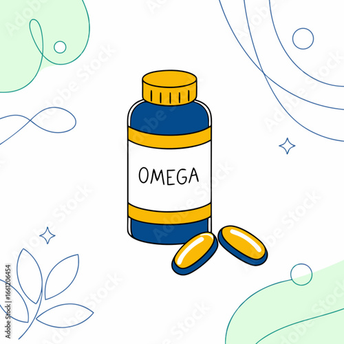 Omega Supplement Bottle with Capsules A Health and Wellness Illustration