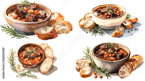 Watercolor illustration of hearty beef stew with beans, rosemary, and bread slices. Ideal for homemade cooking design, restaurant menu, and comfort food art.