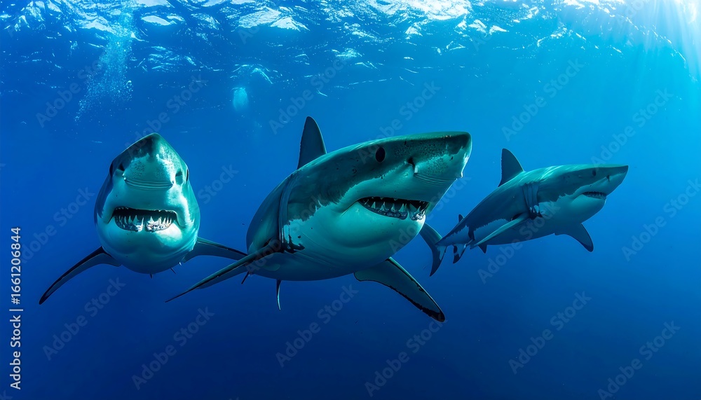 Obraz premium Great White Sharks in Deep Blue