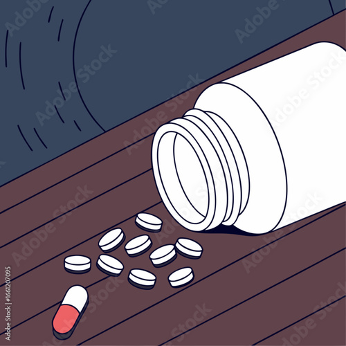 Pills Scattered from Medicine Bottle on Wooden Surface in Dim Lighting