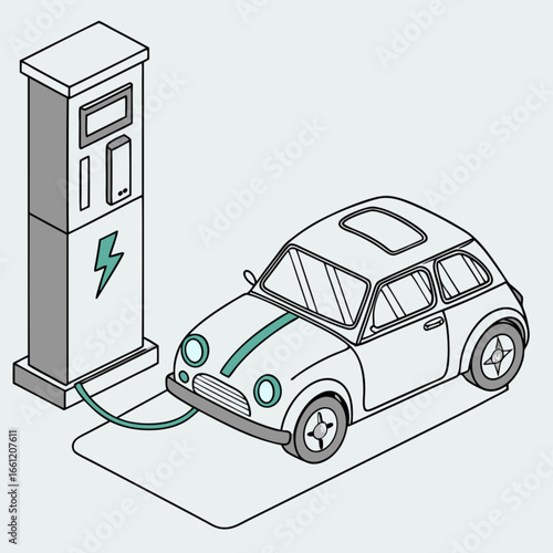 Electric Car Charging Station and Vehicle on a Light Gray Background