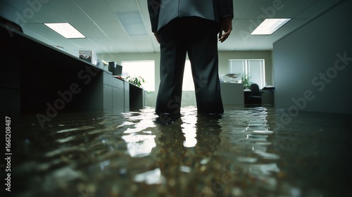 Flooded office with a businessman standing in water