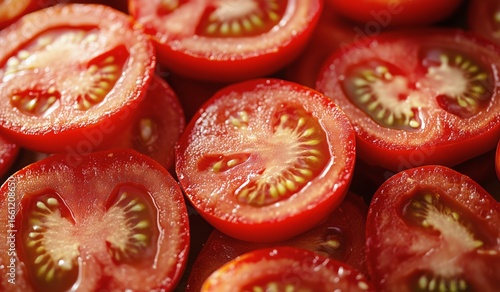 Freshly Sliced Tomatoes Prepared for a Salad or Sandwich on a Wooden Surface.