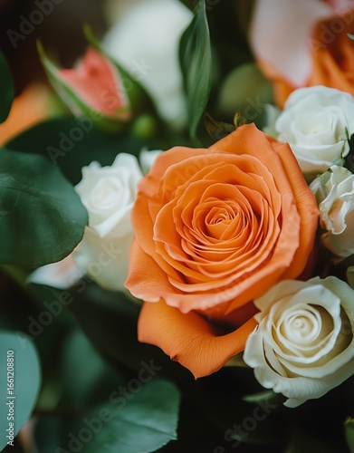 Vibrant Orange Rose With White Flowers in Lush Greenery, Showcasing Natures E...
