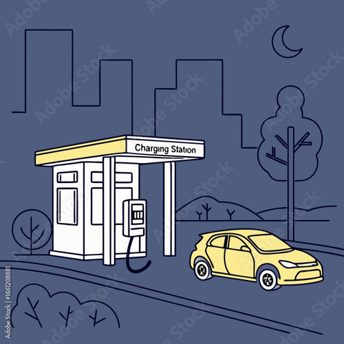 Electric Car Charging Station at Night with Cityscape Background