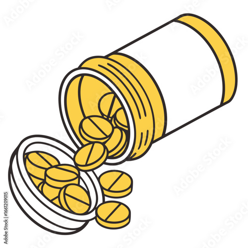 Yellow pills spilling from an open medicine bottle in an illustration