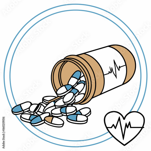 Pills scattered from a bottle with a heart rhythm graphic