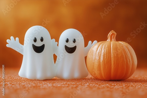 Cute Ghost Figures and a Pumpkin Create a Festive Atmosphere for Halloween Ce...