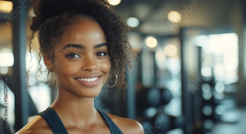 Young Woman Smiling Confidently in Gym During a Fitness Session.