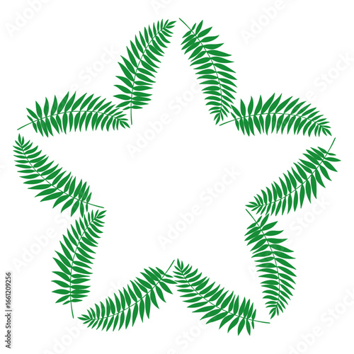 Tiempo de Navidad. Decoración primaveral. Logo con corona navideña con forma de estrella con hojas y ramas para tarjetas y felicitaciones