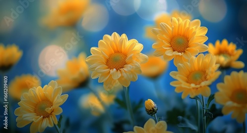 Bright Yellow Flowers Bloom Under Soft Blue Lighting in a Serene Garden Setting.