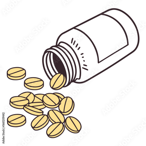 A bottle of pills spilling out onto a white surface