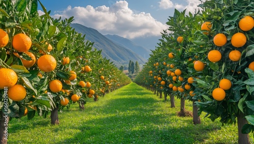 Vibrant Orange Orchard in Full Bloom Under Clear Blue Sky