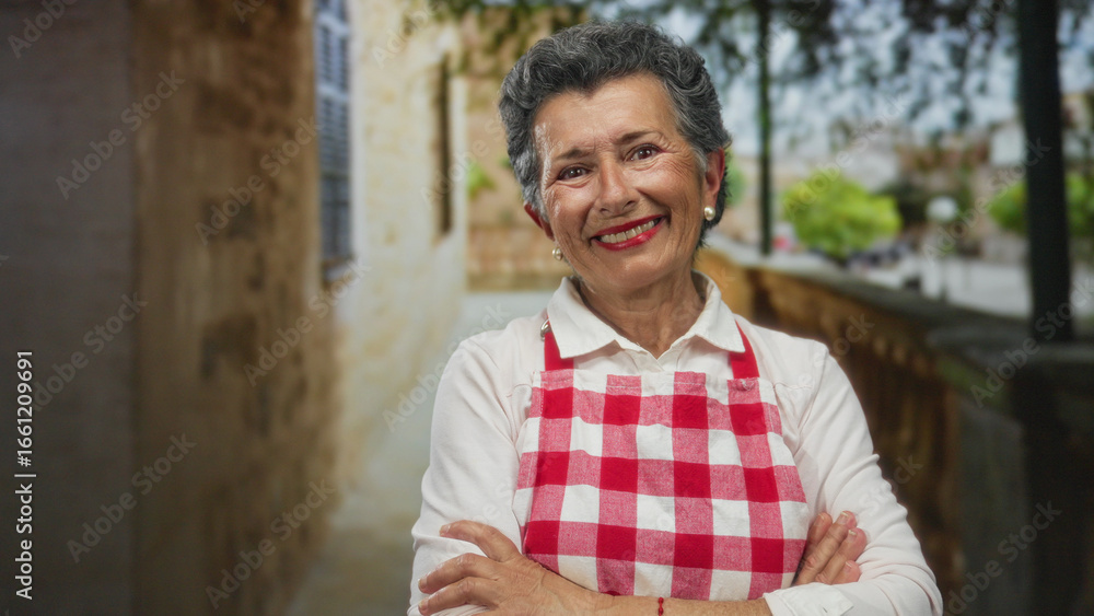 Obraz premium Senior woman with grey hair wearing a red apron stands smiling outdoors in an old town, her arms confidently crossed against a backdrop of a charming street.