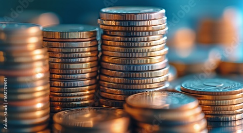 Stacked Coins Reflecting Warm Lights in a Dimly Lit Environment During Late E...