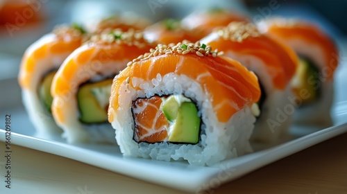Fresh Sushi Rolls With Salmon and Avocado Served on a Square Plate at a Casua...