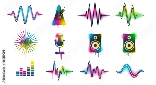 Dynamic music and sound elements, microphone, speakers, and waveforms bursting with color and energy