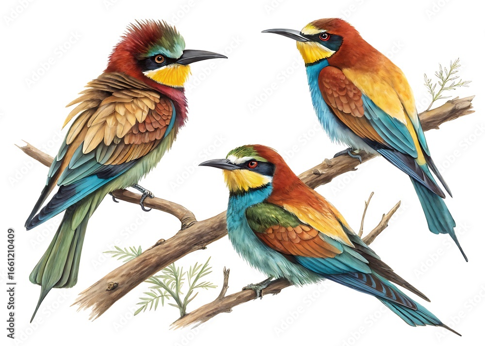 Obraz premium Vibrant watercolor painting of european bee eaters perched on a branch illustration on transparent background