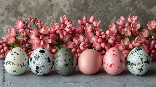 Wallpaper Mural Easter border design with vibrant spring flowers and colorful quail eggs on a white background,  Torontodigital.ca