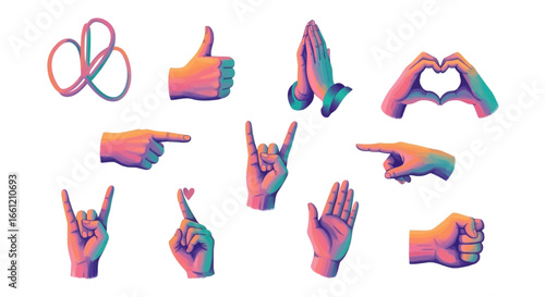 Colorful hand gestures expressing emotions and communication for design projects and branding