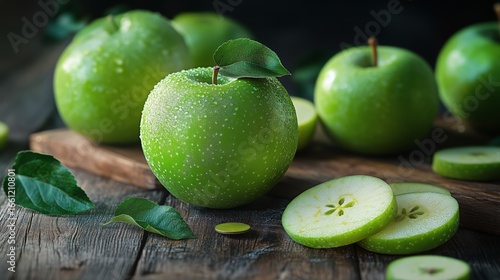 Fresh Green Apples on Wooden Surface With Slices and Leaves Displayed.