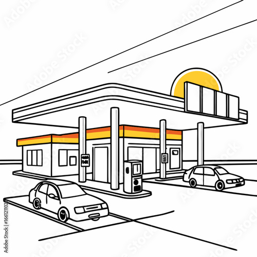 Modern Gas Station with Cars Under Canopy Providing Service