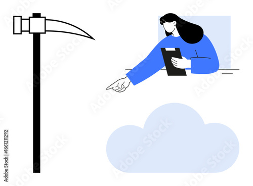 Woman holding clipboard pointing forward, stylized scythe, and simple cloud. Ideal for decision-making, technology, agriculture, cloud solutions, organization, sustainability simple landing page