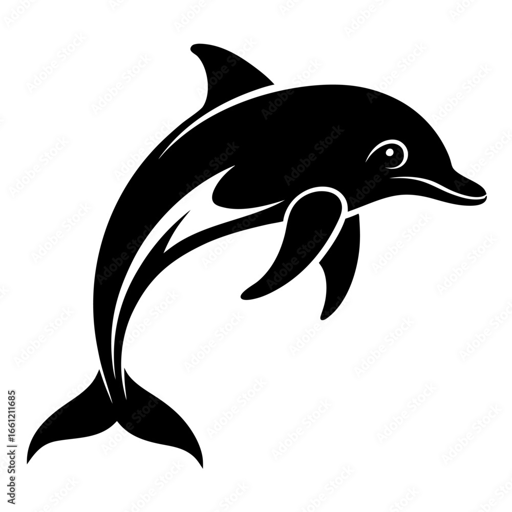 Fototapeta premium Black silhouette of a dolphin swimming isolated on white background