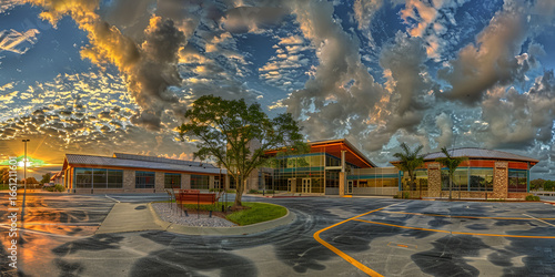 Modern Eco Friendly Building Architecture with Stunning Sunset and Cloudy Sky