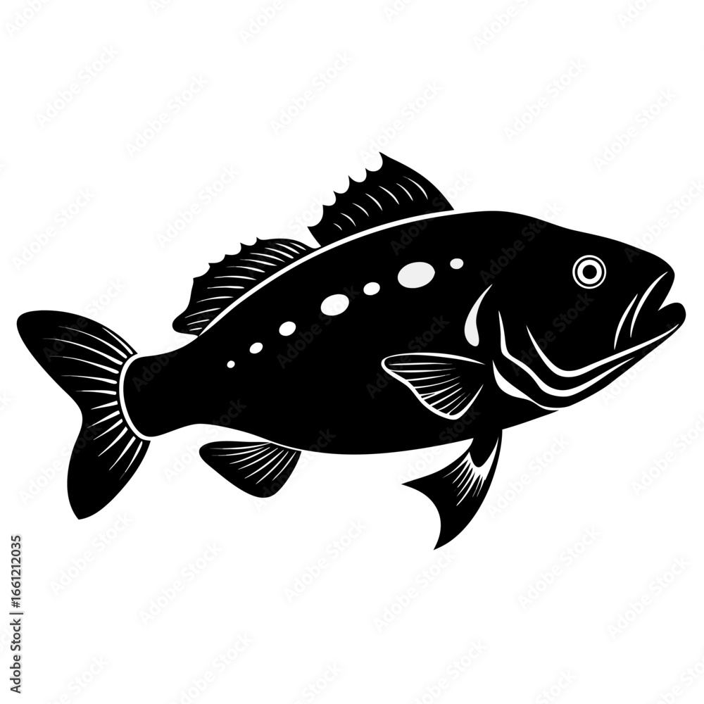 Fototapeta premium Black silhouette of a grouper fish isolated on white background silhouette